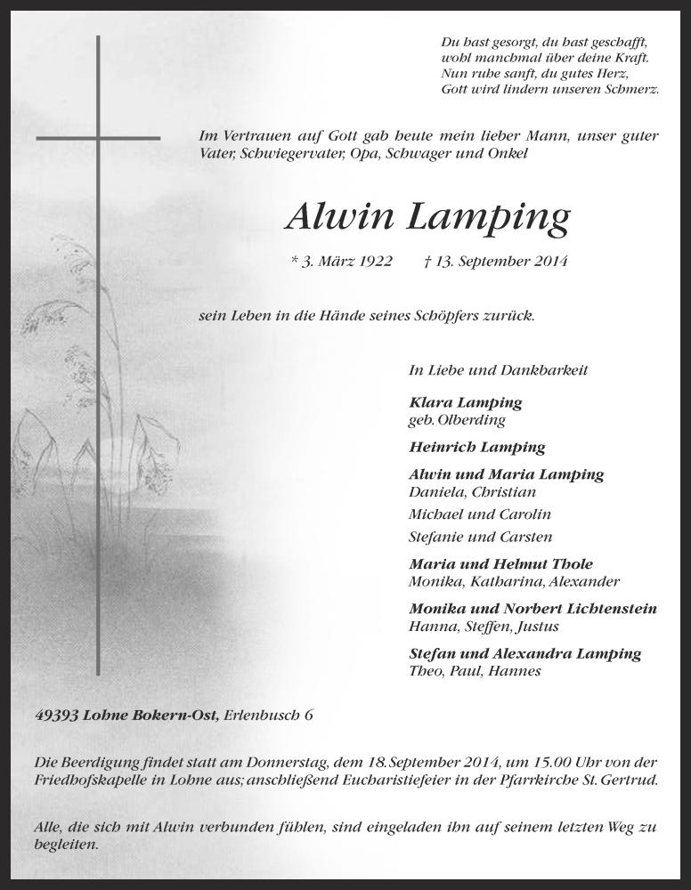  Traueranzeige für Alwin Lamping vom 15.09.2014 aus OM-Medien